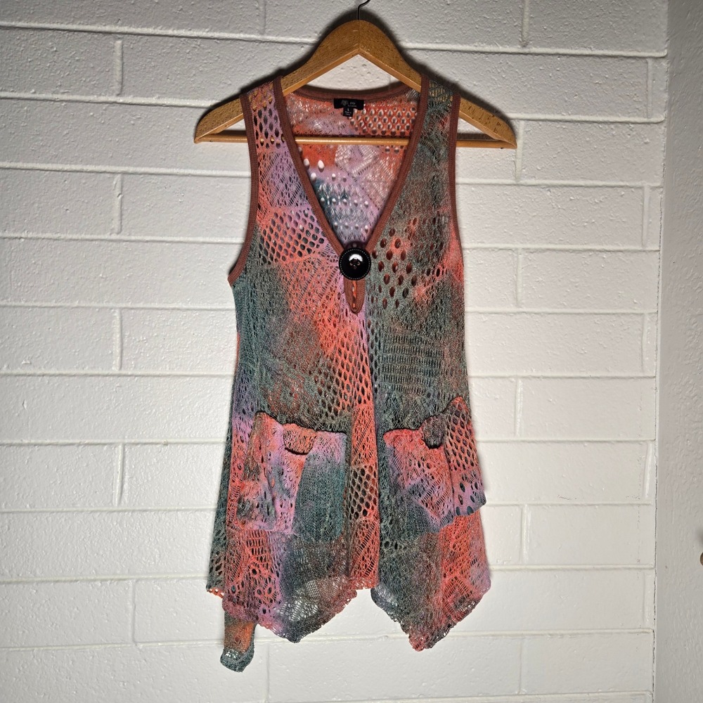 Lily by Firmiana Womens Vest Crochet Knit Tie Dye Lagenlook Pocket Boho Hippie L